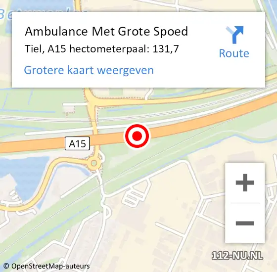 Locatie op kaart van de 112 melding: Ambulance Met Grote Spoed Naar Tiel, A15 hectometerpaal: 131,7 op 25 september 2022 13:15