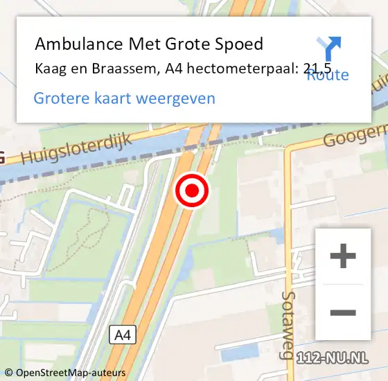 Locatie op kaart van de 112 melding: Ambulance Met Grote Spoed Naar Kaag en Braassem, A4 hectometerpaal: 21,5 op 25 september 2022 14:10