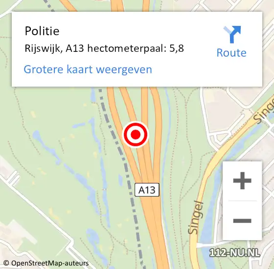 Locatie op kaart van de 112 melding: Politie Den Haag, A13 hectometerpaal: 5,8 op 25 september 2022 15:24