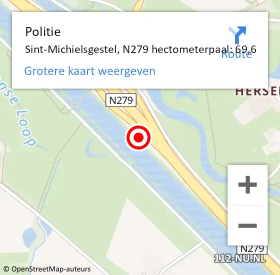 Locatie op kaart van de 112 melding: Politie Sint-Michielsgestel, N279 hectometerpaal: 69,6 op 25 september 2022 16:18