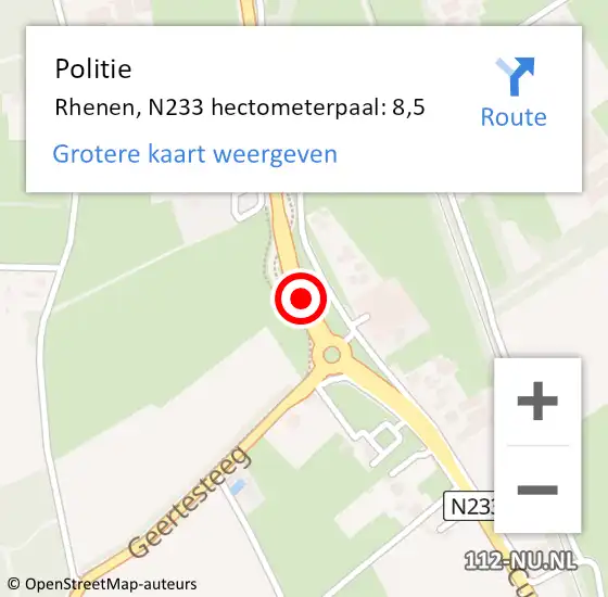 Locatie op kaart van de 112 melding: Politie Rhenen, N233 hectometerpaal: 8,5 op 25 september 2022 16:29