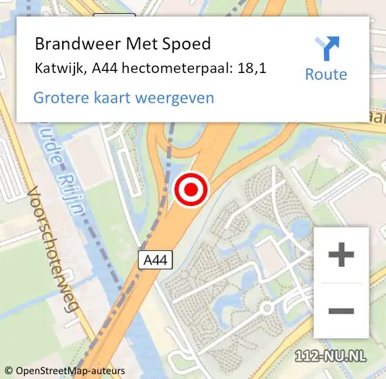 Locatie op kaart van de 112 melding: Brandweer Met Spoed Naar Katwijk, A44 hectometerpaal: 18,1 op 25 september 2022 18:57