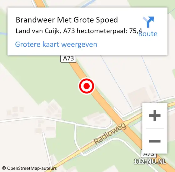 Locatie op kaart van de 112 melding: Brandweer Met Grote Spoed Naar Land van Cuijk, A73 hectometerpaal: 75,4 op 25 september 2022 21:15