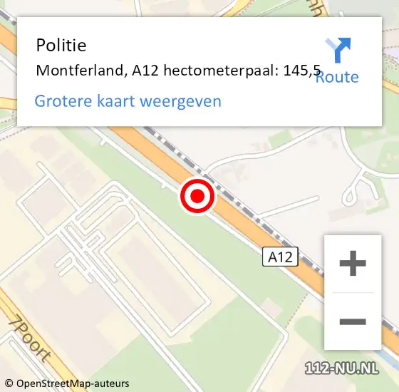 Locatie op kaart van de 112 melding: Politie Montferland, A12 hectometerpaal: 145,5 op 25 september 2022 23:17