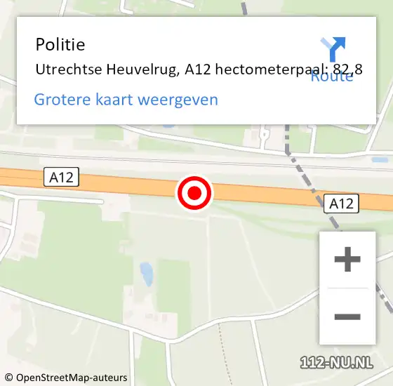 Locatie op kaart van de 112 melding: Politie Utrechtse Heuvelrug, A12 hectometerpaal: 82,8 op 25 september 2022 23:52