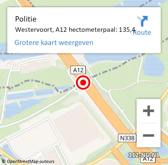 Locatie op kaart van de 112 melding: Politie Westervoort, A12 hectometerpaal: 135,4 op 26 september 2022 04:36