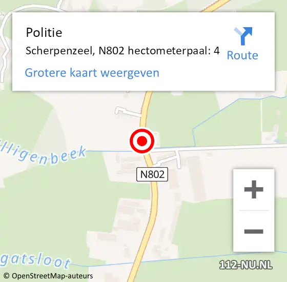 Locatie op kaart van de 112 melding: Politie Scherpenzeel, N802 hectometerpaal: 4 op 26 september 2022 05:54
