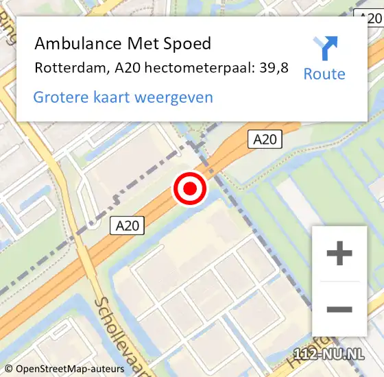 Locatie op kaart van de 112 melding: Ambulance Met Spoed Naar Rotterdam, A20 hectometerpaal: 39,8 op 26 september 2022 06:07