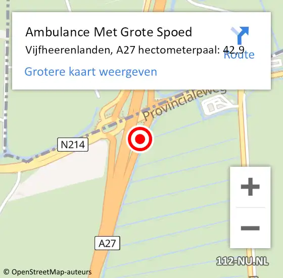 Locatie op kaart van de 112 melding: Ambulance Met Grote Spoed Naar Vijfheerenlanden, A27 hectometerpaal: 42,9 op 26 september 2022 06:30