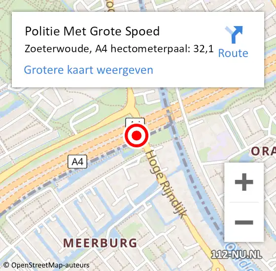 Locatie op kaart van de 112 melding: Politie Met Grote Spoed Naar Zoeterwoude, A4 hectometerpaal: 32,1 op 26 september 2022 07:11