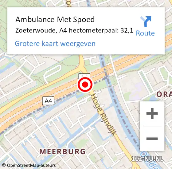 Locatie op kaart van de 112 melding: Ambulance Met Spoed Naar Zoeterwoude, A4 hectometerpaal: 32,1 op 26 september 2022 07:13