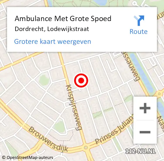 Locatie op kaart van de 112 melding: Ambulance Met Grote Spoed Naar Dordrecht, Lodewijkstraat op 26 september 2022 07:58