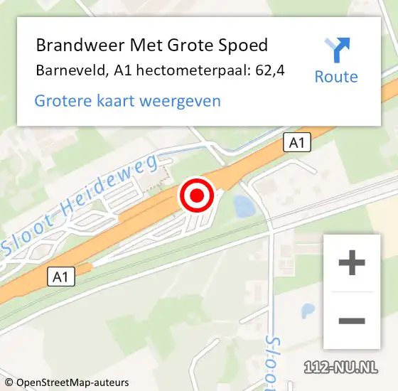 Locatie op kaart van de 112 melding: Brandweer Met Grote Spoed Naar Barneveld, A1 hectometerpaal: 62,4 op 26 september 2022 08:27