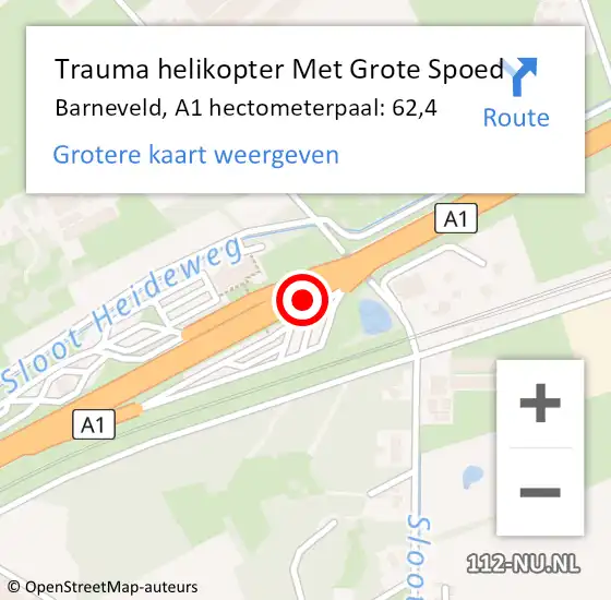 Locatie op kaart van de 112 melding: Trauma helikopter Met Grote Spoed Naar Barneveld, A1 hectometerpaal: 62,4 op 26 september 2022 08:28