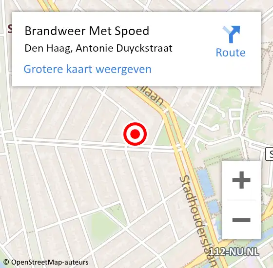 Locatie op kaart van de 112 melding: Brandweer Met Spoed Naar Den Haag, Antonie Duyckstraat op 26 september 2022 11:18