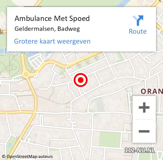 Locatie op kaart van de 112 melding: Ambulance Met Spoed Naar Geldermalsen, Badweg op 26 september 2022 11:20