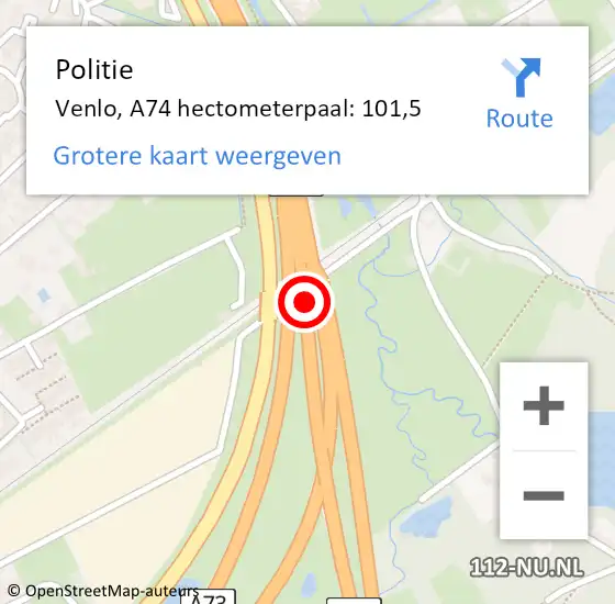 Locatie op kaart van de 112 melding: Politie Venlo, A74 hectometerpaal: 101,5 op 26 september 2022 12:56