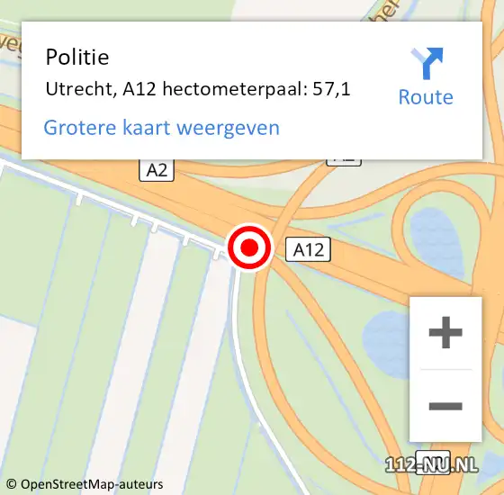 Locatie op kaart van de 112 melding: Politie Utrecht, A12 hectometerpaal: 57,1 op 26 september 2022 13:18