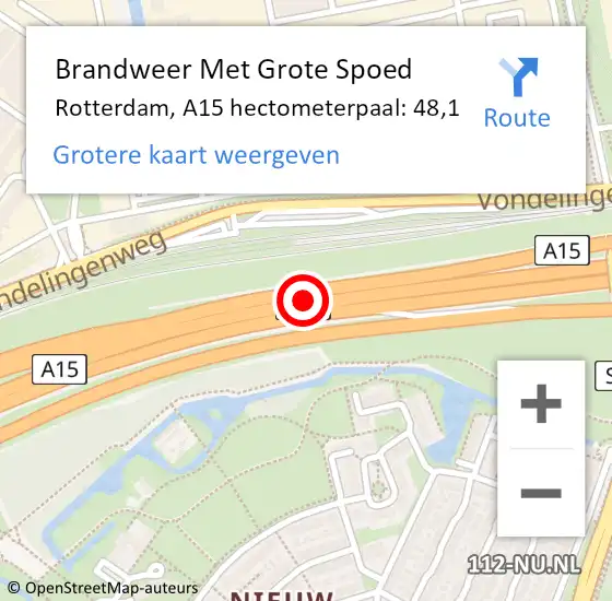 Locatie op kaart van de 112 melding: Brandweer Met Grote Spoed Naar Rotterdam, A15 hectometerpaal: 48,1 op 26 september 2022 15:57