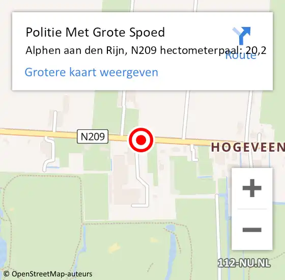 Locatie op kaart van de 112 melding: Politie Met Grote Spoed Naar Alphen aan den Rijn, N209 hectometerpaal: 20,2 op 26 september 2022 16:59