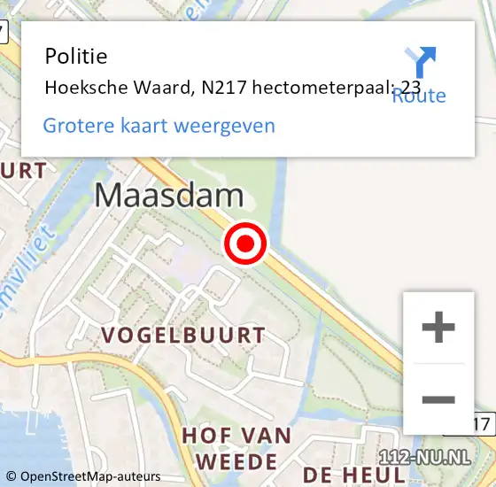 Locatie op kaart van de 112 melding: Politie Hoeksche Waard, N217 hectometerpaal: 23 op 26 september 2022 17:11