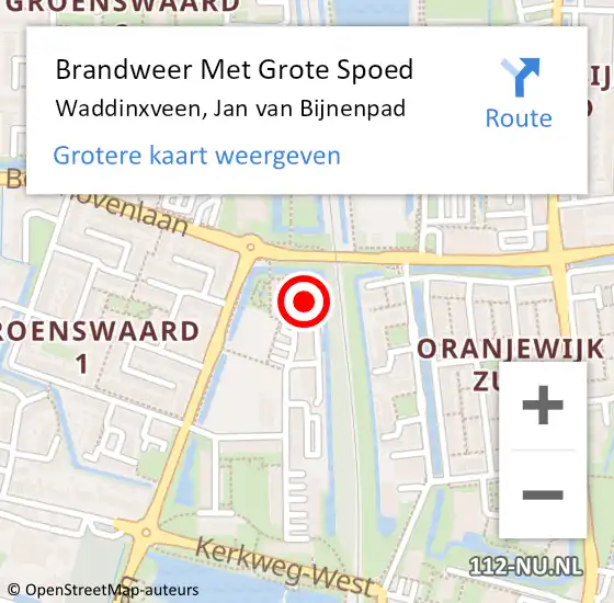 Locatie op kaart van de 112 melding: Brandweer Met Grote Spoed Naar Waddinxveen, Jan van Bijnenpad op 26 september 2022 17:45