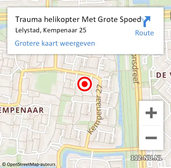 Locatie op kaart van de 112 melding: Trauma helikopter Met Grote Spoed Naar Lelystad, Kempenaar 25 op 26 september 2022 18:38