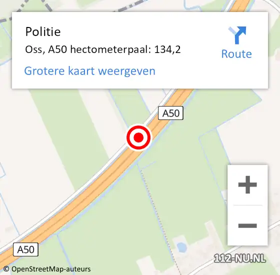 Locatie op kaart van de 112 melding: Politie Oss, A50 hectometerpaal: 134,2 op 26 september 2022 20:55