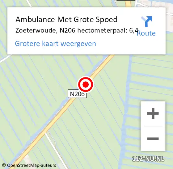 Locatie op kaart van de 112 melding: Ambulance Met Grote Spoed Naar Zoeterwoude, N206 hectometerpaal: 6,4 op 26 september 2022 21:23