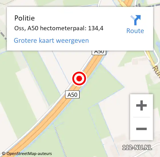 Locatie op kaart van de 112 melding: Politie Oss, A50 hectometerpaal: 134,4 op 26 september 2022 21:29