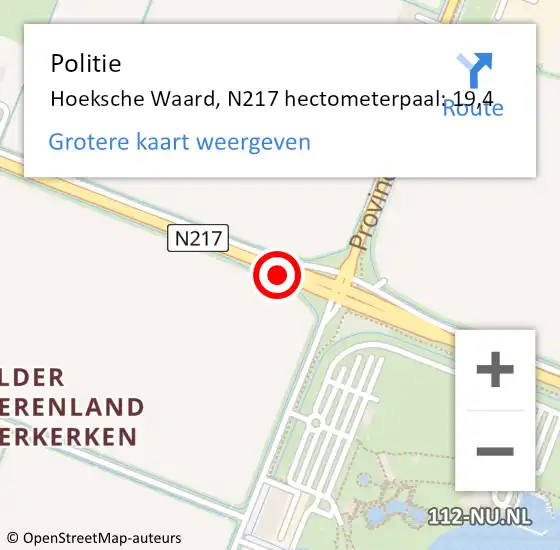 Locatie op kaart van de 112 melding: Politie Hoeksche Waard, N217 hectometerpaal: 19,4 op 26 september 2022 21:34