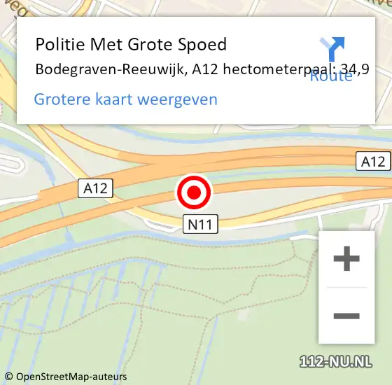 Locatie op kaart van de 112 melding: Politie Met Grote Spoed Naar Bodegraven-Reeuwijk, A12 hectometerpaal: 34,9 op 26 september 2022 22:26