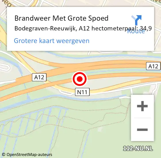 Locatie op kaart van de 112 melding: Brandweer Met Grote Spoed Naar Bodegraven-Reeuwijk, A12 hectometerpaal: 34,9 op 26 september 2022 22:36