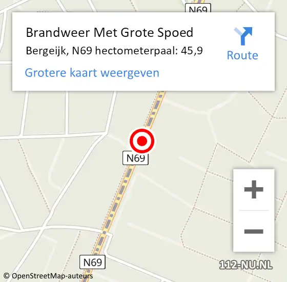 Locatie op kaart van de 112 melding: Brandweer Met Grote Spoed Naar Bergeijk, N69 hectometerpaal: 45,9 op 27 september 2022 00:25