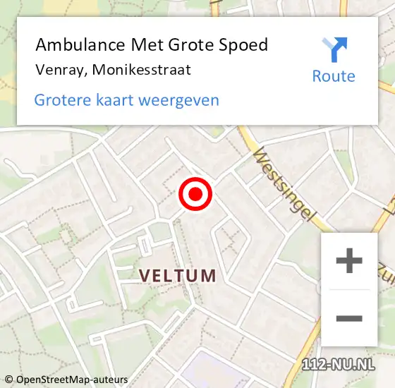 Locatie op kaart van de 112 melding: Ambulance Met Grote Spoed Naar Venray, Monikesstraat op 30 juli 2014 15:15