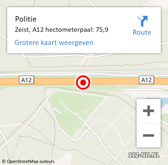 Locatie op kaart van de 112 melding: Politie Zeist, A12 hectometerpaal: 75,9 op 27 september 2022 07:33