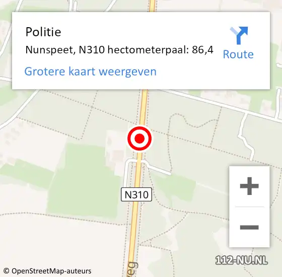 Locatie op kaart van de 112 melding: Politie Nunspeet, N310 hectometerpaal: 86,4 op 27 september 2022 10:32