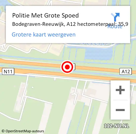 Locatie op kaart van de 112 melding: Politie Met Grote Spoed Naar Bodegraven-Reeuwijk, A12 hectometerpaal: 35,9 op 27 september 2022 11:00