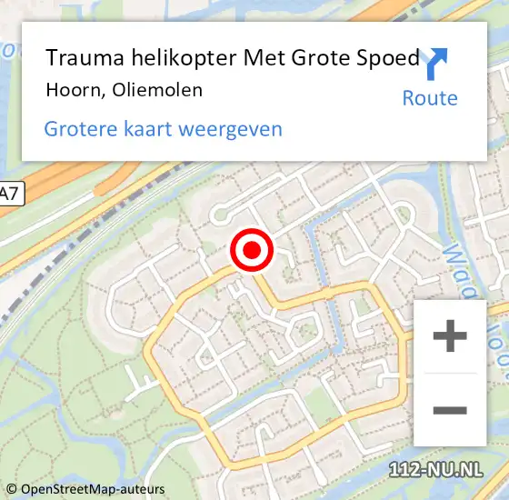 Locatie op kaart van de 112 melding: Trauma helikopter Met Grote Spoed Naar Hoorn, Oliemolen op 27 september 2022 13:18