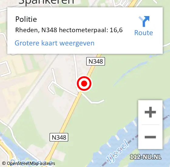 Locatie op kaart van de 112 melding: Politie Rheden, N348 hectometerpaal: 16,6 op 27 september 2022 14:30