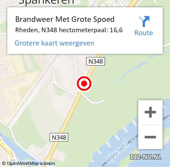 Locatie op kaart van de 112 melding: Brandweer Met Grote Spoed Naar Rheden, N348 hectometerpaal: 16,6 op 27 september 2022 14:31