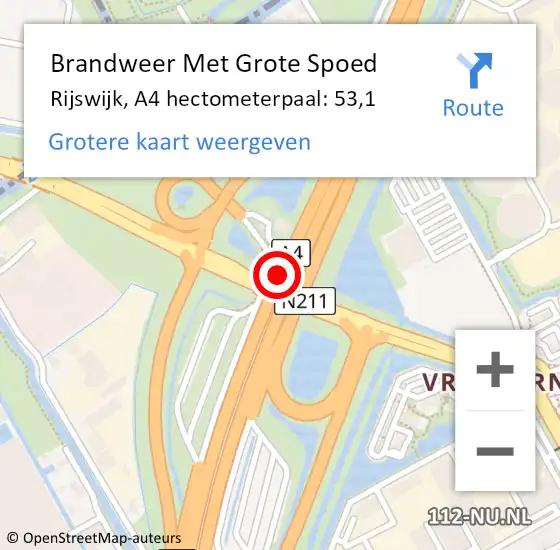 Locatie op kaart van de 112 melding: Brandweer Met Grote Spoed Naar Rijswijk, A4 hectometerpaal: 53,1 op 27 september 2022 16:04