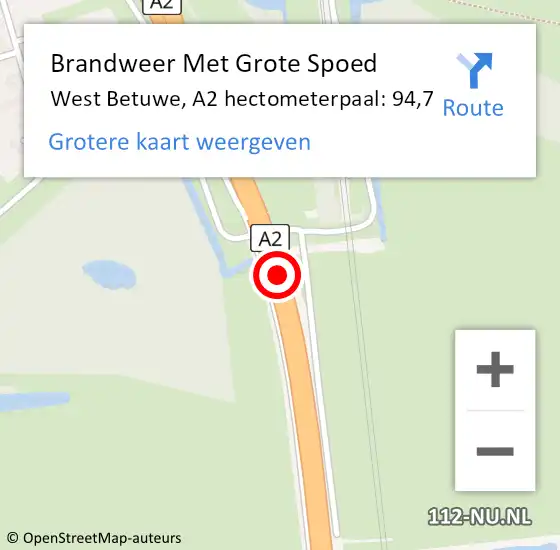 Locatie op kaart van de 112 melding: Brandweer Met Grote Spoed Naar West Betuwe, A2 hectometerpaal: 94,7 op 27 september 2022 16:24