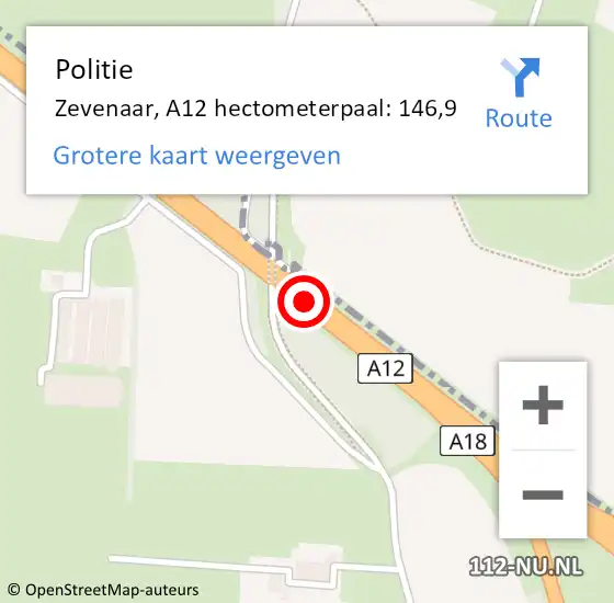 Locatie op kaart van de 112 melding: Politie Zevenaar, A12 hectometerpaal: 146,9 op 27 september 2022 16:45