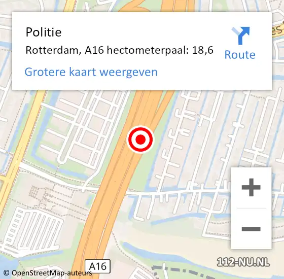 Locatie op kaart van de 112 melding: Politie Rotterdam, A16 hectometerpaal: 18,6 op 27 september 2022 16:53