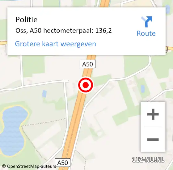 Locatie op kaart van de 112 melding: Politie Oss, A50 hectometerpaal: 136,2 op 27 september 2022 17:11