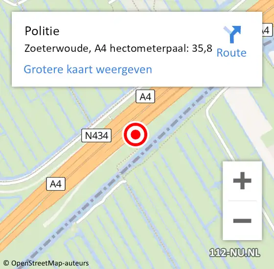 Locatie op kaart van de 112 melding: Politie Zoeterwoude, A4 hectometerpaal: 35,8 op 27 september 2022 17:35
