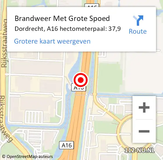 Locatie op kaart van de 112 melding: Brandweer Met Grote Spoed Naar Dordrecht, A16 hectometerpaal: 37,9 op 27 september 2022 20:52