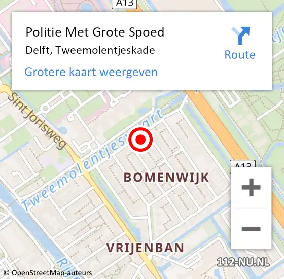 Locatie op kaart van de 112 melding: Politie Met Grote Spoed Naar Delft, Tweemolentjeskade op 27 september 2022 23:04