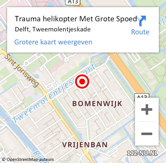 Locatie op kaart van de 112 melding: Trauma helikopter Met Grote Spoed Naar Delft, Tweemolentjeskade op 27 september 2022 23:16